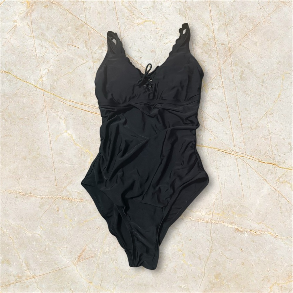 Kona Sol Black One Piece Swimsuit with Adjustable Straps and V-Neckline